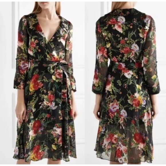 Alice + Olivia Abney Midi Black Dress Wrap Blooming Bouquet Floral Size S - Picture 4 of 9